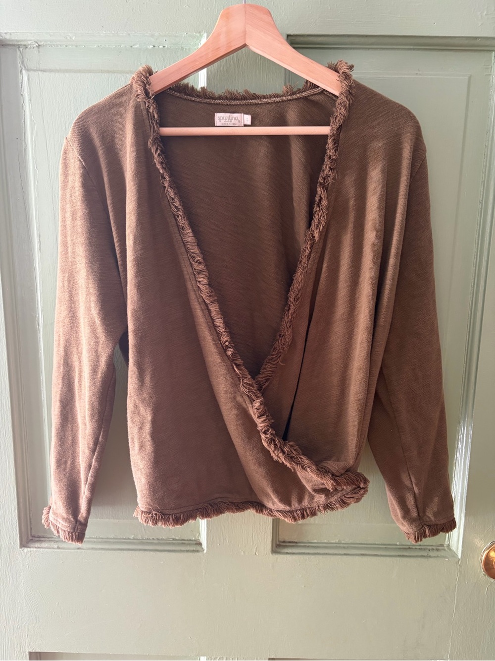 Spartina 449 Clara Convertible Top Cardigan taupe brown Fringe Top Large